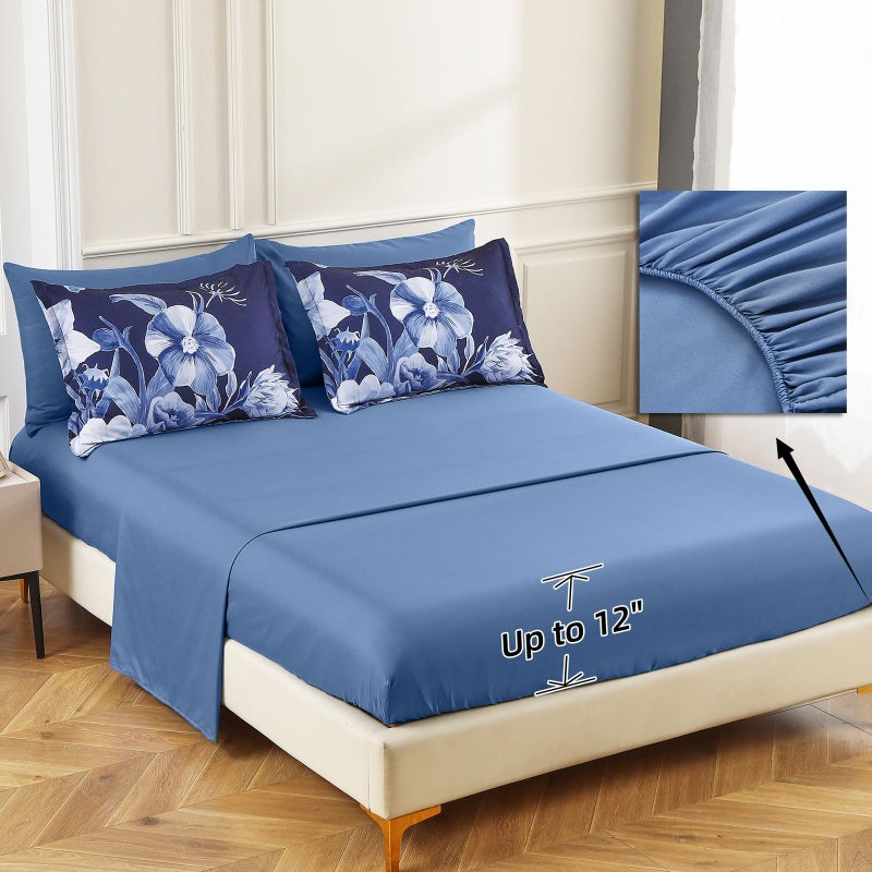 Luxudecor Floral Comforter Set Queen Size 7 Piece, Navy Blue Flower Bed in a Bag, Elegant Floral Comforter with Sheet Set, Soft Microfiber Bedding Set for All Season (Navy Blue, 90"x90") - Image 5