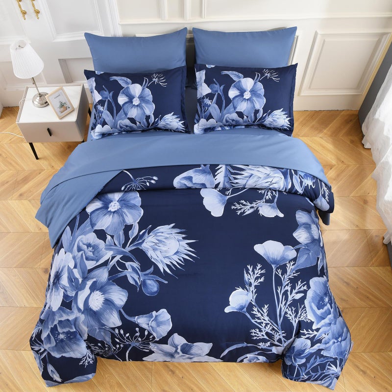 Luxudecor Floral Comforter Set Queen Size 7 Piece, Navy Blue Flower Bed in a Bag, Elegant Floral Comforter with Sheet Set, Soft Microfiber Bedding Set for All Season (Navy Blue, 90"x90") - Image 3