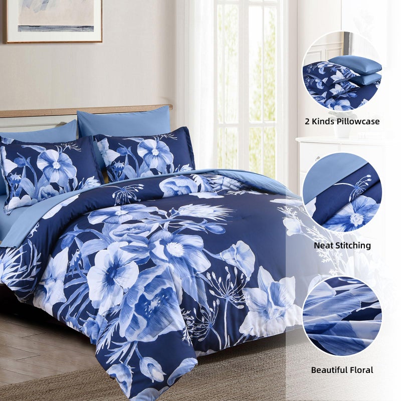 Luxudecor Floral Comforter Set Queen Size 7 Piece, Navy Blue Flower Bed in a Bag, Elegant Floral Comforter with Sheet Set, Soft Microfiber Bedding Set for All Season (Navy Blue, 90"x90") - Image 2
