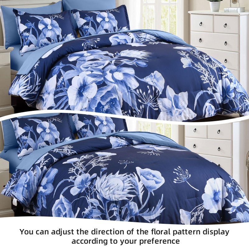 Luxudecor Floral Comforter Set Queen Size 7 Piece, Navy Blue Flower Bed in a Bag, Elegant Floral Comforter with Sheet Set, Soft Microfiber Bedding Set for All Season (Navy Blue, 90"x90") - Image 4