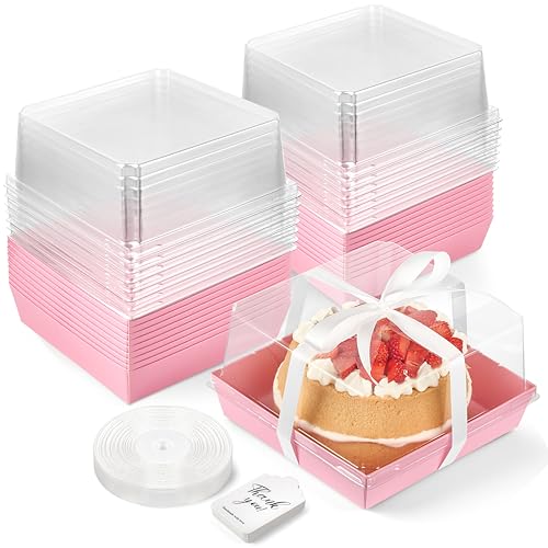 ZORRITA 7 x 7 x 4 Inches Paper Cake Boxes with Clear Lids, 20 Pack Disposable Charcuterie Boxes Square Food Containers for 4-6 Inch Cake, Dessert, Pie, Cupcake, Bakery (Pink) - Image 1