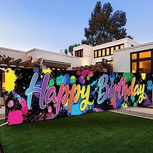 DOTOOMA 118 x 20 Inches Neon Glow In The Dark Happy Birthday Yard Banner Sign Color Graffiti Splash Paint Polyester Children Baby Shower Party Decorations Supplies Indoor Outdoor - Image 1