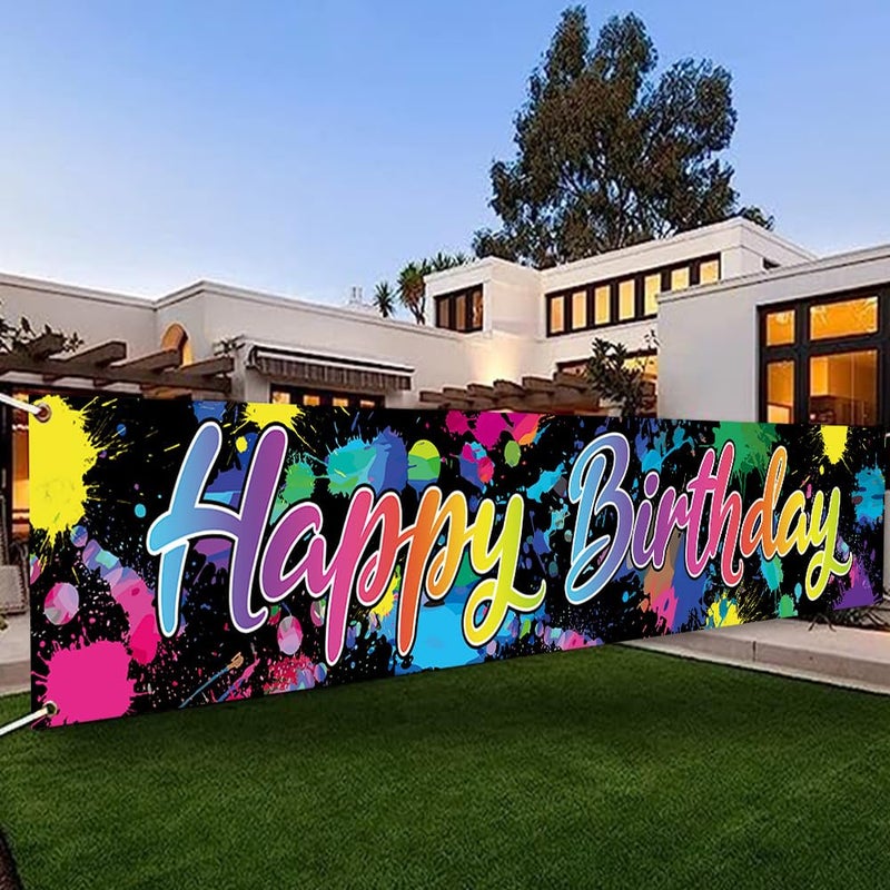 DOTOOMA 118 x 20 Inches Neon Glow In The Dark Happy Birthday Yard Banner Sign Color Graffiti Splash Paint Polyester Children Baby Shower Party Decorations Supplies Indoor Outdoor - Image 2