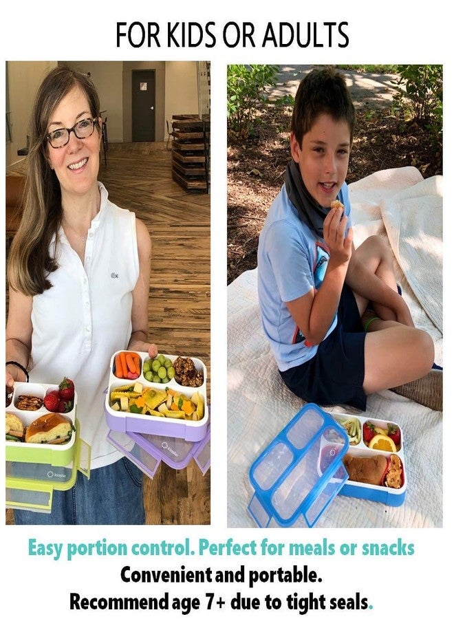Kinsho Bento Lunch Box for Kids or Adults, Snack Containers for Boys, Girls, School Daycare Work, 3 Divided Compartments Meal Planning Portion Control, BPA-Free Boxes, Utensils | Blue Purple 2 pack - Image 2