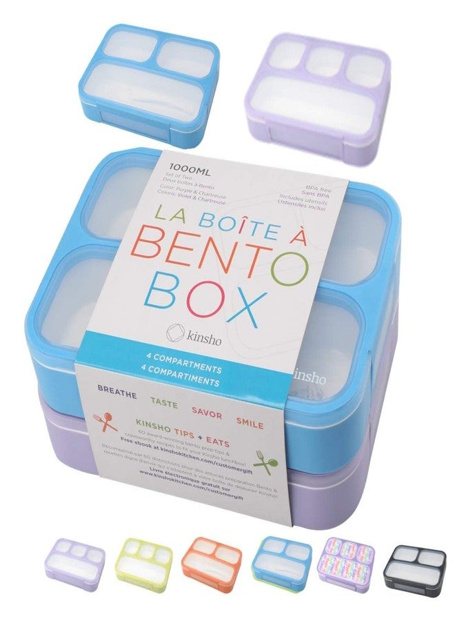 Kinsho Bento Lunch Box for Kids or Adults, Snack Containers for Boys, Girls, School Daycare Work, 3 Divided Compartments Meal Planning Portion Control, BPA-Free Boxes, Utensils | Blue Purple 2 pack - Image 1