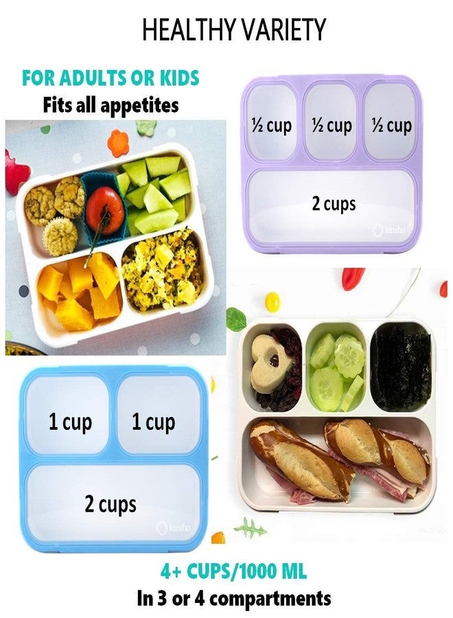Kinsho Bento Lunch Box for Kids or Adults, Snack Containers for Boys, Girls, School Daycare Work, 3 Divided Compartments Meal Planning Portion Control, BPA-Free Boxes, Utensils | Blue Purple 2 pack - Image 5