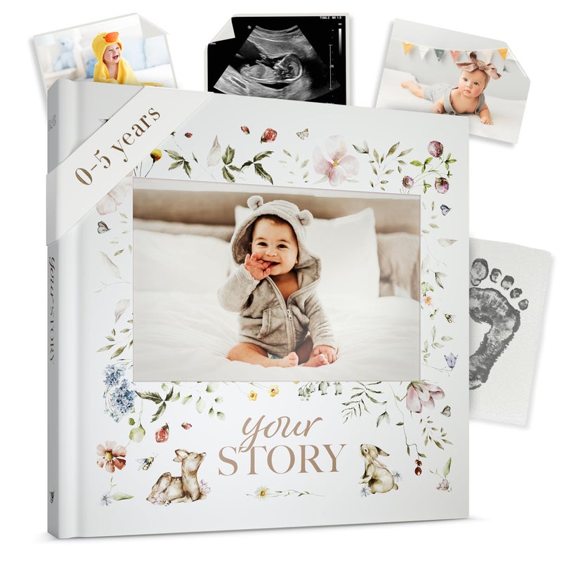 Bibi & Beau Baby Memory Book New Mom Gift - Baby Scrapbook Record Book & Photo Album - Gift for Newborns Baby Boy & Girl, Great For Baby Showers (Woodland) - Image 1