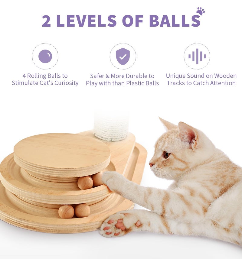 MADE 4 PETS Made4Pets Cat Scratching Post Cat Scratcher Kitten Toys for Indoor Cats Wooden Ball Track Two-Layer Modern Sisal 17.7" Tall Scratch Post Interactive Toy with Dangling Ball - Image 3