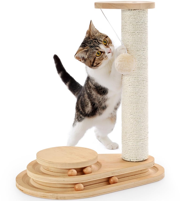 MADE 4 PETS Made4Pets Cat Scratching Post Cat Scratcher Kitten Toys for Indoor Cats Wooden Ball Track Two-Layer Modern Sisal 17.7" Tall Scratch Post Interactive Toy with Dangling Ball - Image 1