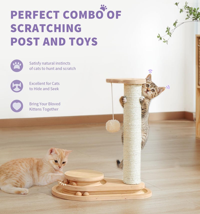 MADE 4 PETS Made4Pets Cat Scratching Post Cat Scratcher Kitten Toys for Indoor Cats Wooden Ball Track Two-Layer Modern Sisal 17.7" Tall Scratch Post Interactive Toy with Dangling Ball - Image 2