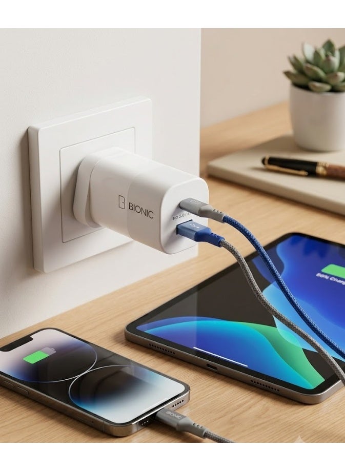 بيونيك شاحن حائط سريع BIONIC 45W USB C، منفذين USB-C + USB-A بتقنية PD 3.0، قابس ثلاثي بريطاني، أبيض - Image 4