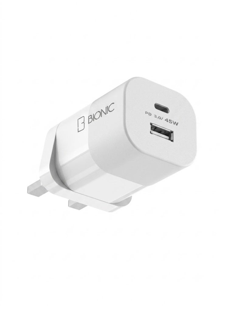 بيونيك شاحن حائط سريع BIONIC 45W USB C، منفذين USB-C + USB-A بتقنية PD 3.0، قابس ثلاثي بريطاني، أبيض - Image 1