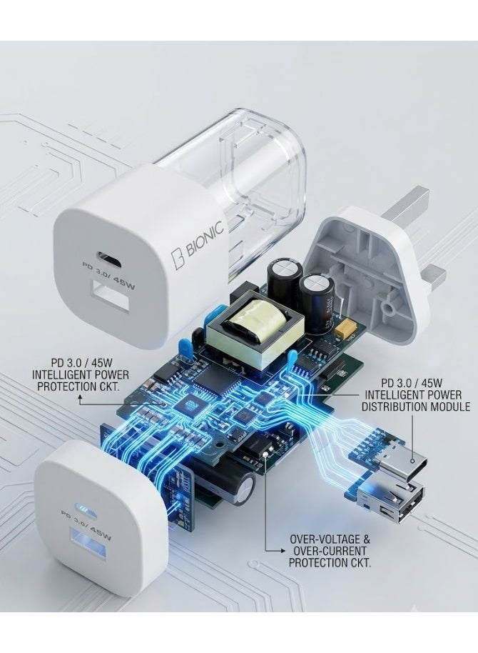 بيونيك شاحن حائط سريع BIONIC 45W USB C، منفذين USB-C + USB-A بتقنية PD 3.0، قابس ثلاثي بريطاني، أبيض - Image 3