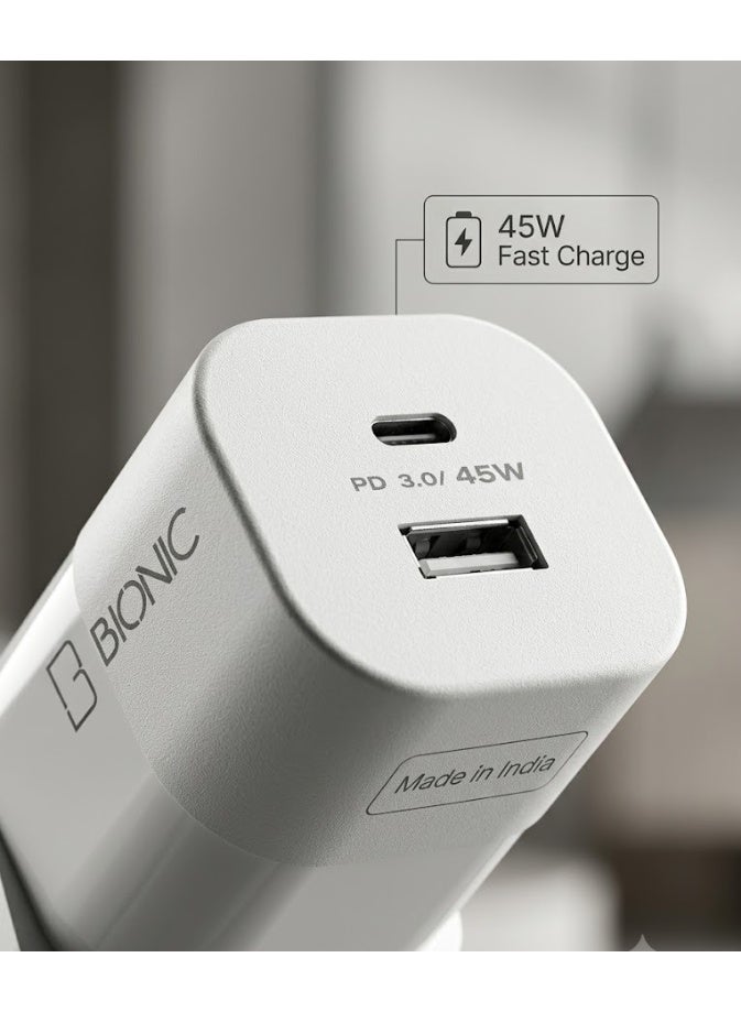 بيونيك شاحن حائط سريع BIONIC 45W USB C، منفذين USB-C + USB-A بتقنية PD 3.0، قابس ثلاثي بريطاني، أبيض - Image 2