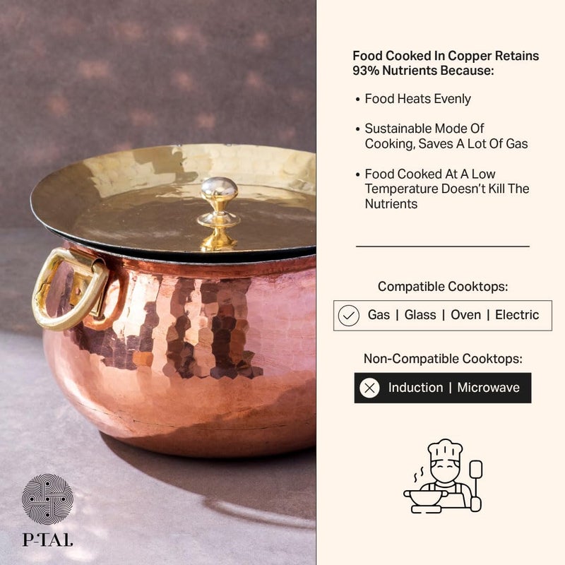 P-TAL PTAL Copper Madurai Handi Tin Coated with Lid 100 Pure Copper Degchi TeflonChemical Free Cooking 4kgs Biryani Handi for Kitchen - Image 4