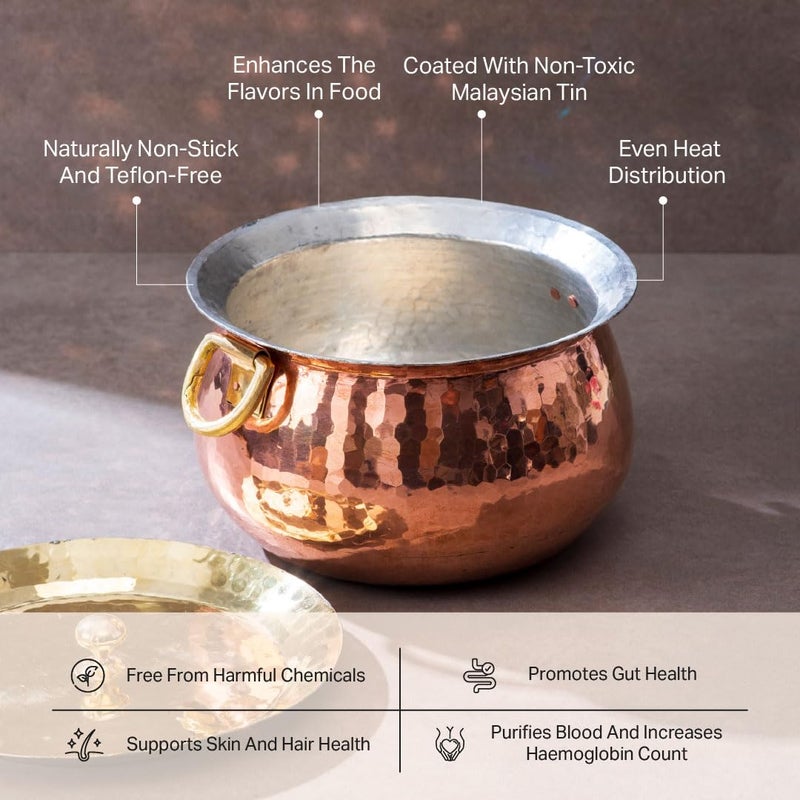 P-TAL PTAL Copper Madurai Handi Tin Coated with Lid 100 Pure Copper Degchi TeflonChemical Free Cooking 4kgs Biryani Handi for Kitchen - Image 3