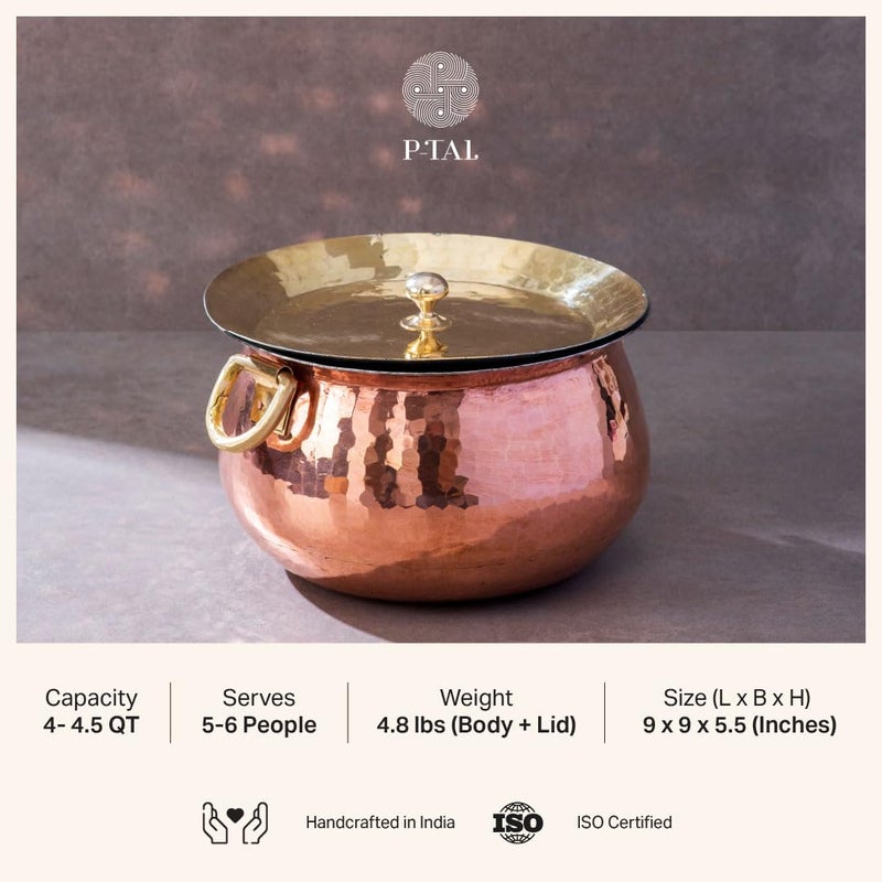 P-TAL PTAL Copper Madurai Handi Tin Coated with Lid 100 Pure Copper Degchi TeflonChemical Free Cooking 4kgs Biryani Handi for Kitchen - Image 2