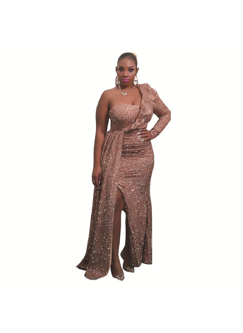 Generic - 2024 Winter Single-Shoulder Sequin Bridesmaid Dress Grey - Image 1