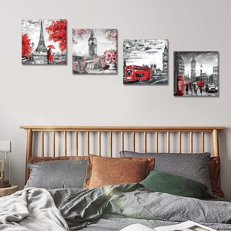 Artscope 4 Pieces Wall Art Canvas Prints - Couple with Big Ben and Eiffel Tower Picture Painting - Modern Wall Artwork Framed for Gifts Bathroom Home Kitchen Office Decor - 30 x 30 CM - Image 5