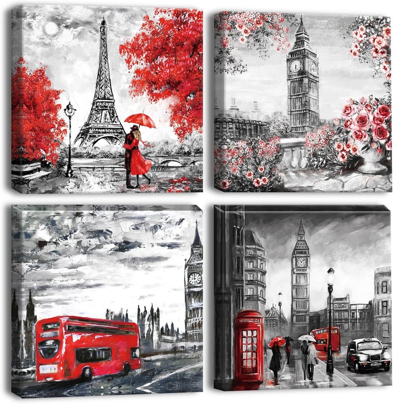 Artscope 4 Pieces Wall Art Canvas Prints - Couple with Big Ben and Eiffel Tower Picture Painting - Modern Wall Artwork Framed for Gifts Bathroom Home Kitchen Office Decor - 30 x 30 CM - Image 1