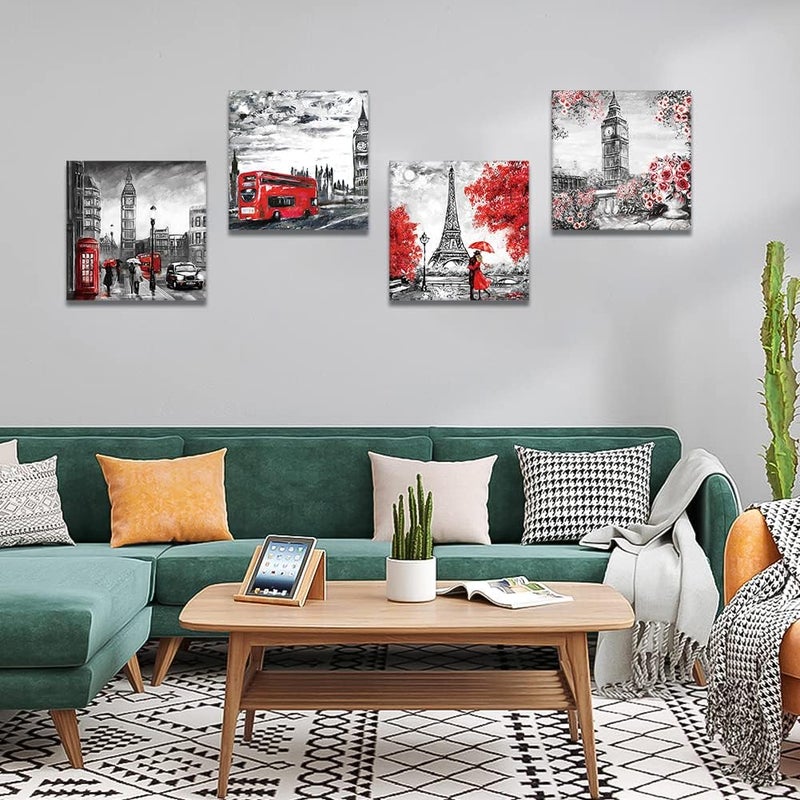 Artscope 4 Pieces Wall Art Canvas Prints - Couple with Big Ben and Eiffel Tower Picture Painting - Modern Wall Artwork Framed for Gifts Bathroom Home Kitchen Office Decor - 30 x 30 CM - Image 2