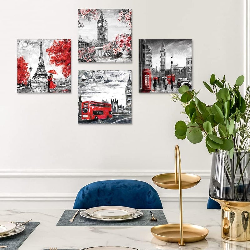 Artscope 4 Pieces Wall Art Canvas Prints - Couple with Big Ben and Eiffel Tower Picture Painting - Modern Wall Artwork Framed for Gifts Bathroom Home Kitchen Office Decor - 30 x 30 CM - Image 3