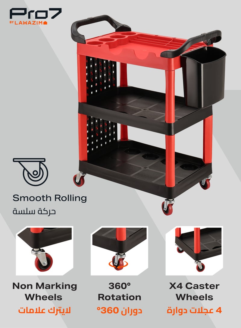 LAWAZIM Pro7 Tool Cart with Black Bucket - Red and Black - 3 Tier Rolling Utility Detailing Tool Cart with Removable Side Bucket, Dual Handles, and Tool Slots - for Garage, Auto Detailing, and Repair Tasks - Image 4