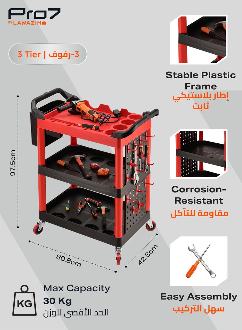 LAWAZIM Pro7 Tool Cart with Black Bucket - Red and Black - 3 Tier Rolling Utility Detailing Tool Cart with Removable Side Bucket, Dual Handles, and Tool Slots - for Garage, Auto Detailing, and Repair Tasks - Image 2