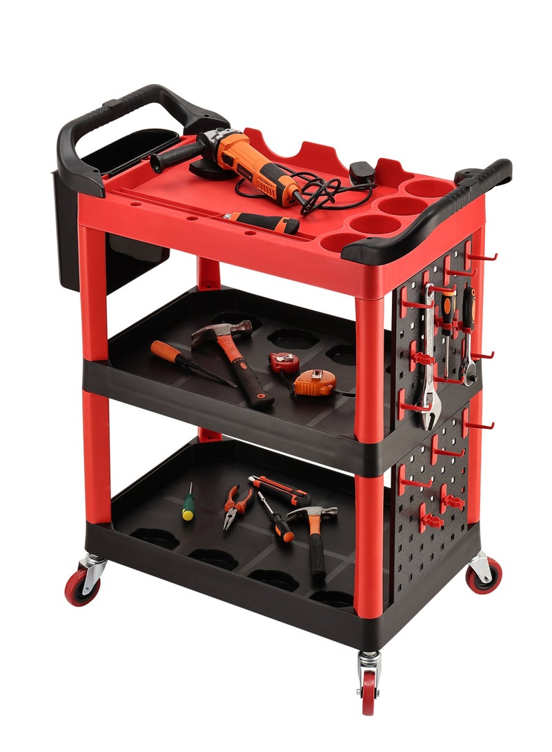 LAWAZIM Pro7 Tool Cart with Black Bucket - Red and Black - 3 Tier Rolling Utility Detailing Tool Cart with Removable Side Bucket, Dual Handles, and Tool Slots - for Garage, Auto Detailing, and Repair Tasks - Image 1