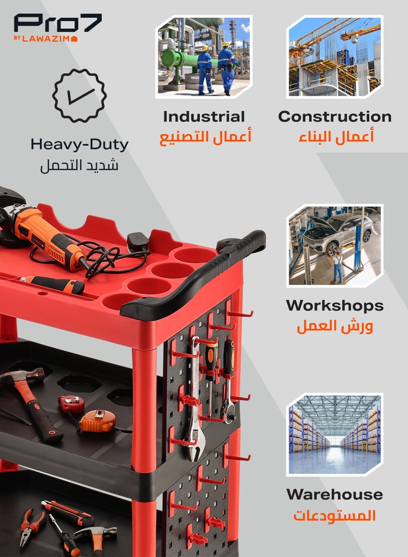 LAWAZIM Pro7 Tool Cart with Black Bucket - Red and Black - 3 Tier Rolling Utility Detailing Tool Cart with Removable Side Bucket, Dual Handles, and Tool Slots - for Garage, Auto Detailing, and Repair Tasks - Image 5
