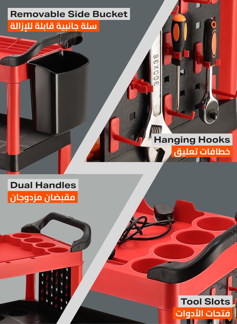 LAWAZIM Pro7 Tool Cart with Black Bucket - Red and Black - 3 Tier Rolling Utility Detailing Tool Cart with Removable Side Bucket, Dual Handles, and Tool Slots - for Garage, Auto Detailing, and Repair Tasks - Image 3