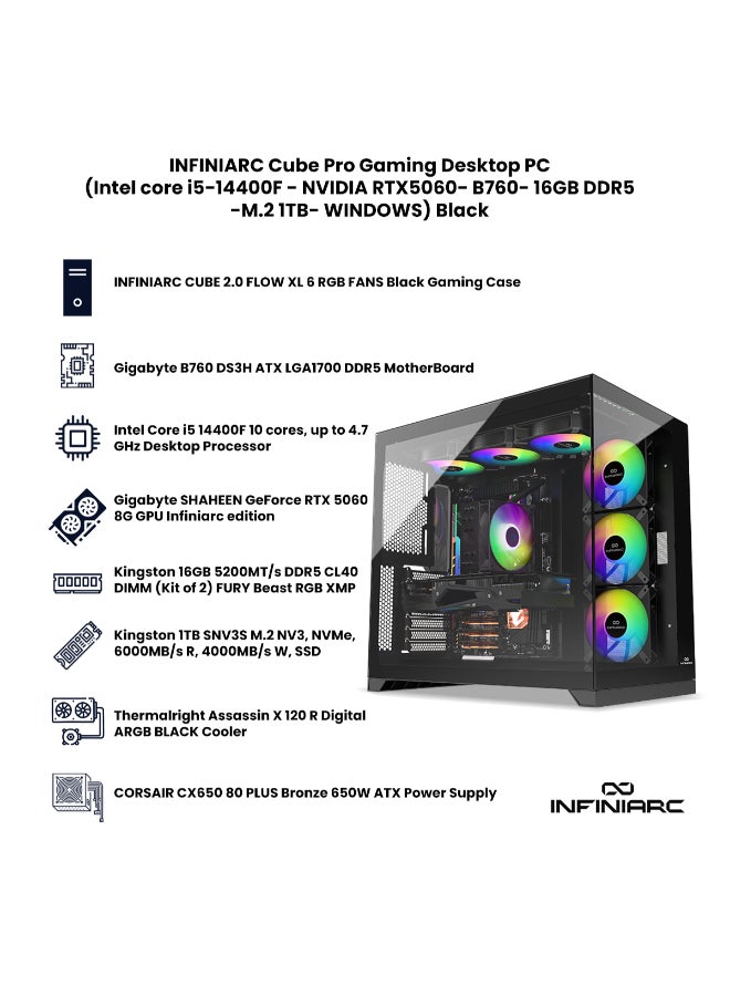 INFINIARC Cube Pro Gaming Desktop PC (Intel core i5-14400F - NVIDIA RTX5060- B760- 16GB DDR5 -M.2 1TB- WINDOWS) Black Black - Image 3