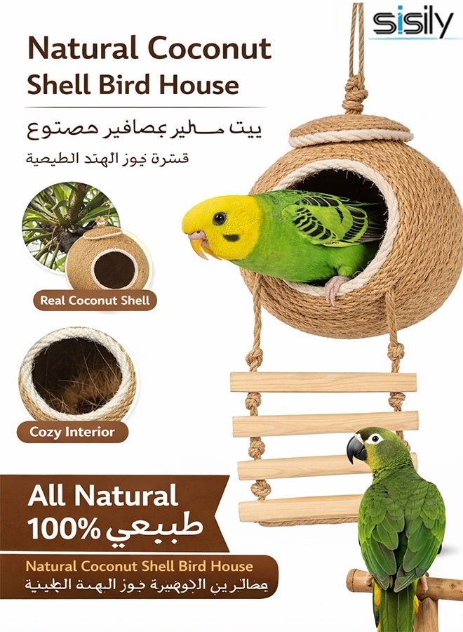 Sisily Straw Bird Nest with Ladder, Natural Coconut Hide  – Handmade Sisal Rope Hanging Birdhouse for Parrot, Parakeet, Lovebird, Finch & Canary - Image 1