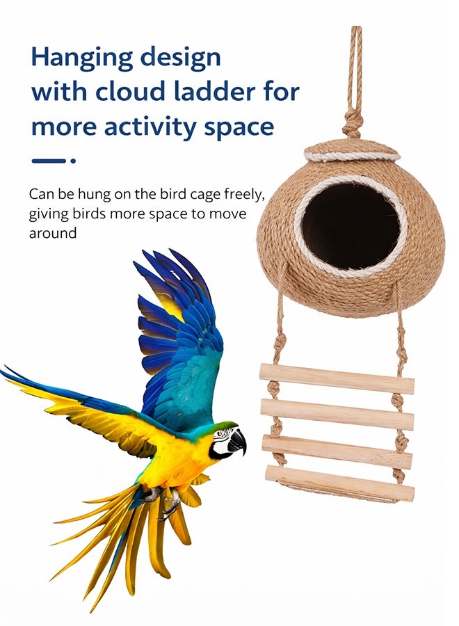 Sisily Straw Bird Nest with Ladder, Natural Coconut Hide  – Handmade Sisal Rope Hanging Birdhouse for Parrot, Parakeet, Lovebird, Finch & Canary - Image 2