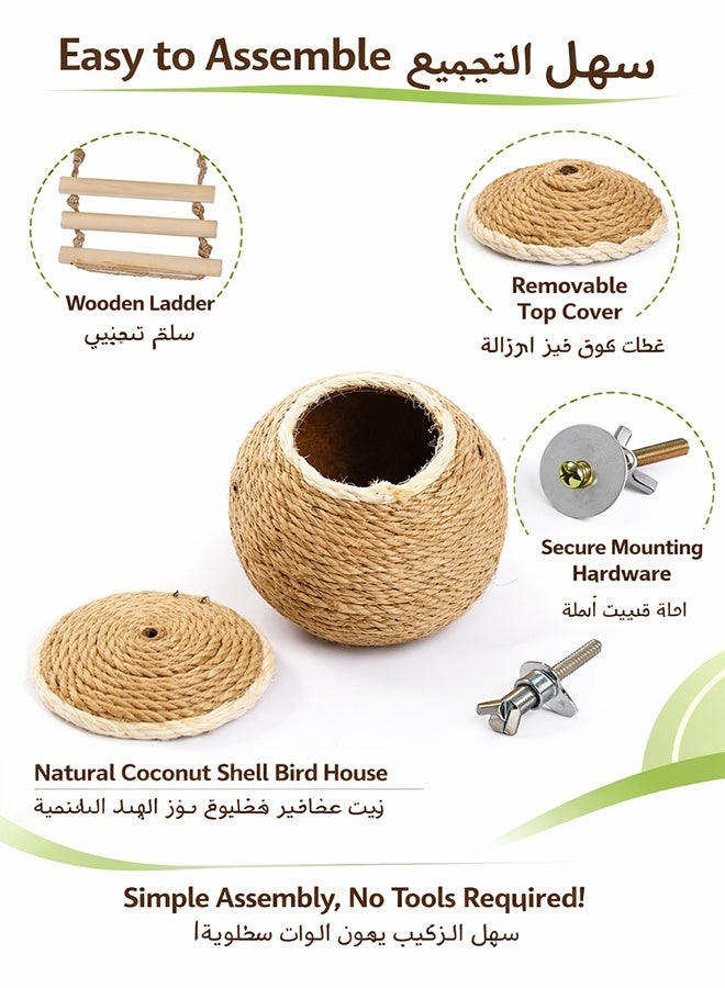 Sisily Straw Bird Nest with Ladder, Natural Coconut Hide  – Handmade Sisal Rope Hanging Birdhouse for Parrot, Parakeet, Lovebird, Finch & Canary - Image 3