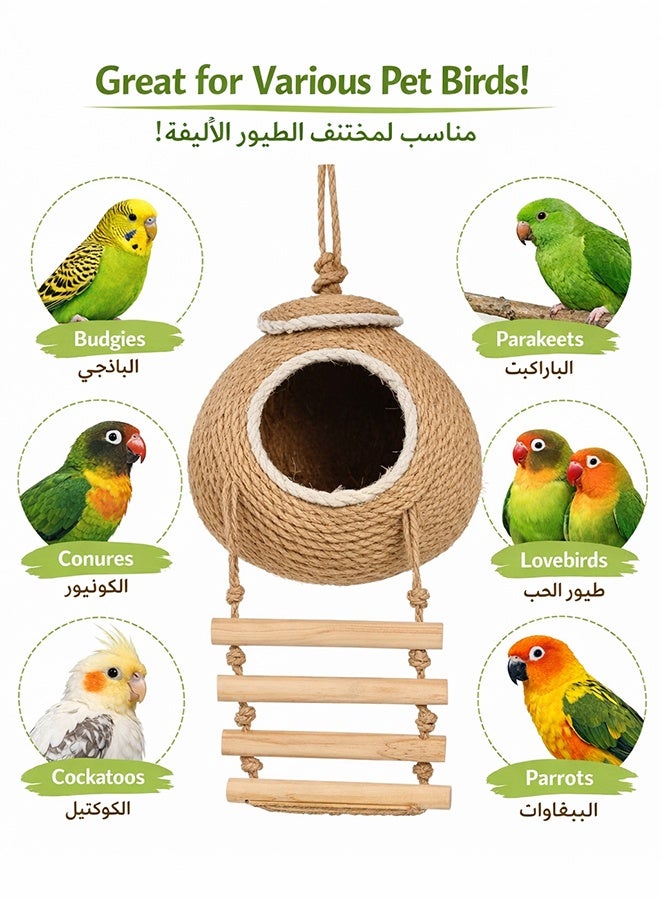 Sisily Straw Bird Nest with Ladder, Natural Coconut Hide  – Handmade Sisal Rope Hanging Birdhouse for Parrot, Parakeet, Lovebird, Finch & Canary - Image 4