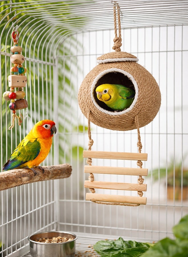 Sisily Straw Bird Nest with Ladder, Natural Coconut Hide  – Handmade Sisal Rope Hanging Birdhouse for Parrot, Parakeet, Lovebird, Finch & Canary - Image 5