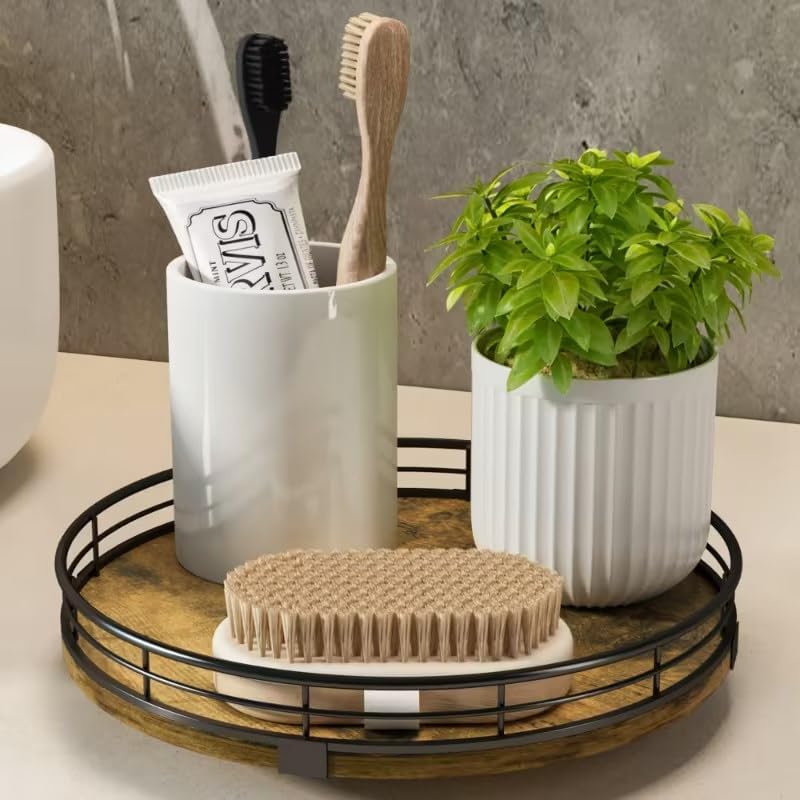 HGF Farmhouse 9" Bathroom Vanity Tray Turntable, Wooden Bathroom Countertop Organizer for Soap Perfume, Rotating Organizer for Kitchen Table Centerpieces, Decorative Trays for Coffee Table Decor - Image 1