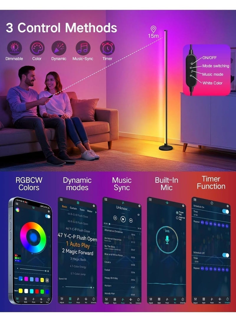 OUTON Gaming Lights RGB Light-LED Corner Lamp for Living Room, 24W RGBCW Corner Lamp with 256 Scenes & 16 Million Colours, Smart APP & Remote Control, Music Sync, Dimmable Colour Changing Standing Lamp for Living Room Bedroom Gaming Room - Image 4