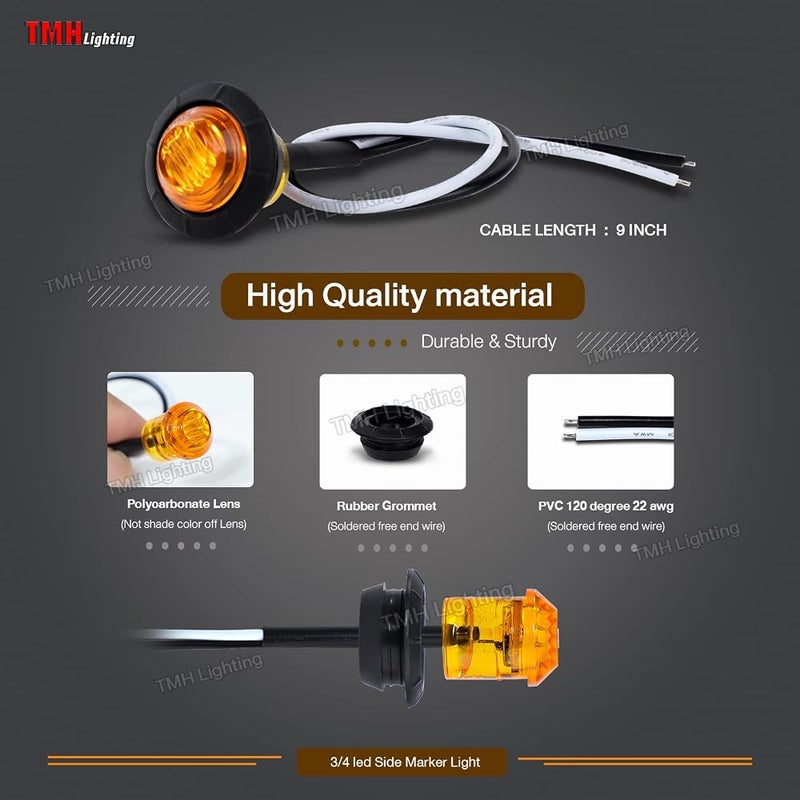 TMH 50 pcs 3/4 Inch Mount Amber 3 LED Mini Round Trailer Side Marker Indicator Lights Clearance Button Signal Lamps Universal for Trucks Lorry Boat Pickup Bus Caravan RV Waterproof Sealed Bulbs 12V DC - Image 3