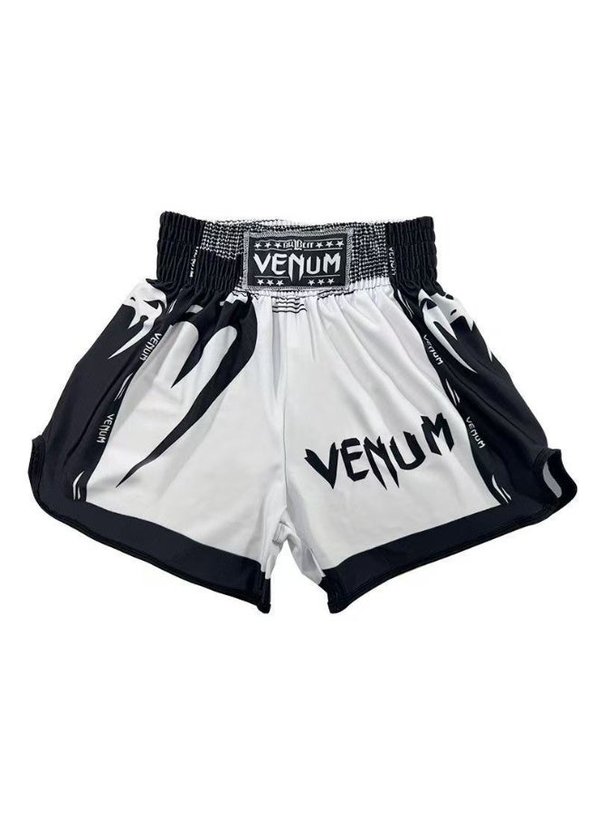 Venum Kids Elite Boxing Shorts | Black & White Competition Style | High Stretch & Breathable, Groin Guard Compatible | Reinforced Stitching SIze:180 2XL - Image 1