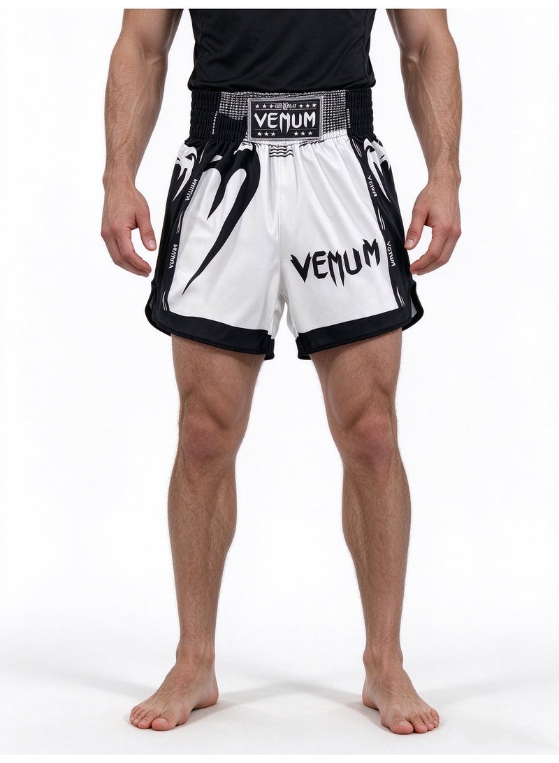 فينوم Venum Elite Boxing Shorts  أسود وأبيض أسلوب المنافسة  عالية التمدد والقدرة على التنفس ، متوافقة مع حراس الفخذ  خياطة معززة حجم: 180 3XL - Image 2