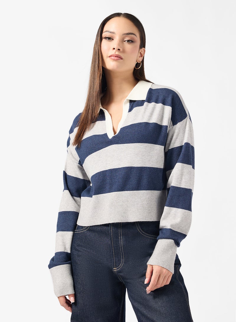 ONLY Onlibi Stripe Polo Long Sleeve Pullover Sweater - Image 1