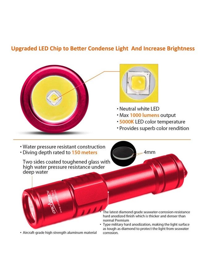ORCATORCH مصباح غوص D520 1000 لومن مدمج للغوص ومقاوم للماء بدرجة IP68 ومصباح غوص ليلي مزود بمفتاح دوار للغوص تحت الماء على عمق 150 مترًا (أحمر) - Image 5