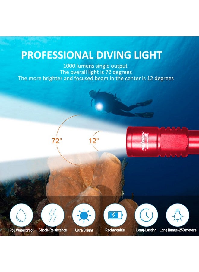 ORCATORCH مصباح غوص D520 1000 لومن مدمج للغوص ومقاوم للماء بدرجة IP68 ومصباح غوص ليلي مزود بمفتاح دوار للغوص تحت الماء على عمق 150 مترًا (أحمر) - Image 4
