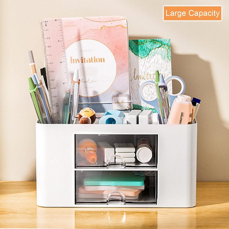 COMFYROOM Desk Organizer with 4 Compartments and 2 Drawers, Pen Holder for Desktop Storage, Makeup Organizer, Desk Organization and Accessories for School, Home, Office Supplies (White) - Image 3