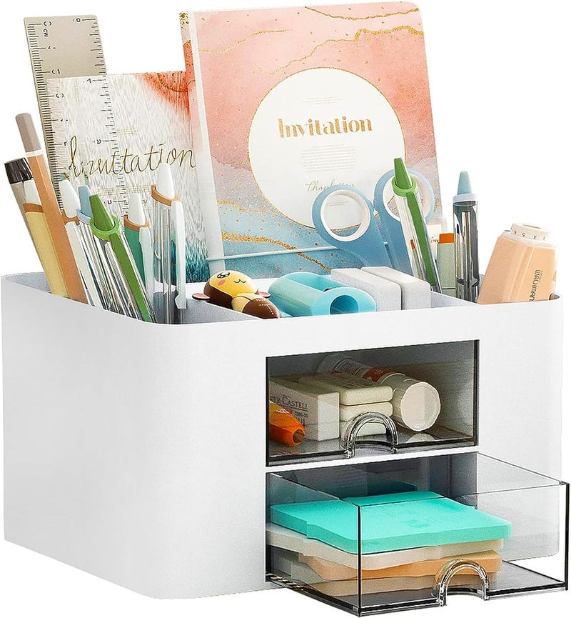 COMFYROOM Desk Organizer with 4 Compartments and 2 Drawers, Pen Holder for Desktop Storage, Makeup Organizer, Desk Organization and Accessories for School, Home, Office Supplies (White) - Image 1