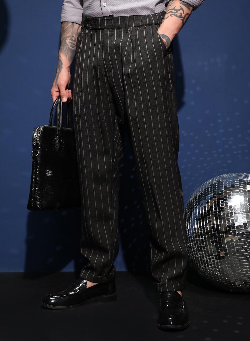 Campus Sutra Men's Midnight Black Pinstripe-Pleated Chino Trousers For Casual Wear | Mid-Rise | Regular Fit | Hook & Zip Closure | Trousers Crafted With Comfort Fit For Everyday Wear  - Image 1