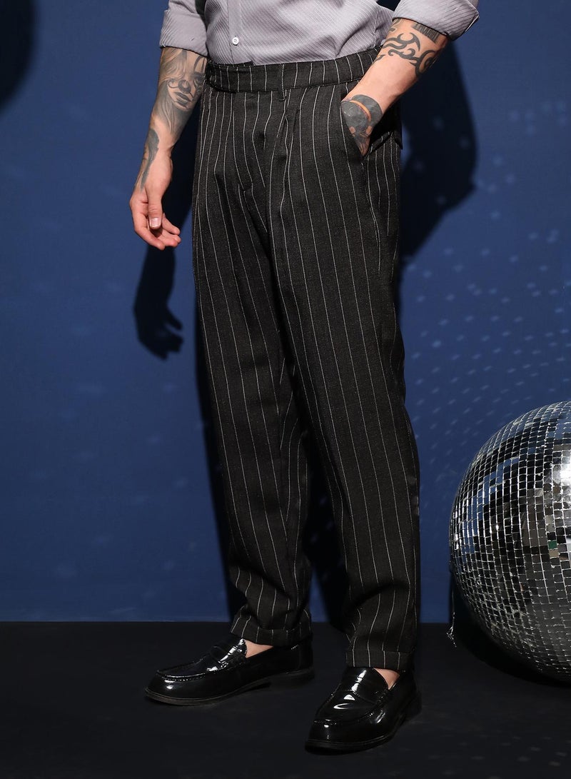 Campus Sutra Men's Midnight Black Pinstripe-Pleated Chino Trousers For Casual Wear | Mid-Rise | Regular Fit | Hook & Zip Closure | Trousers Crafted With Comfort Fit For Everyday Wear  - Image 3