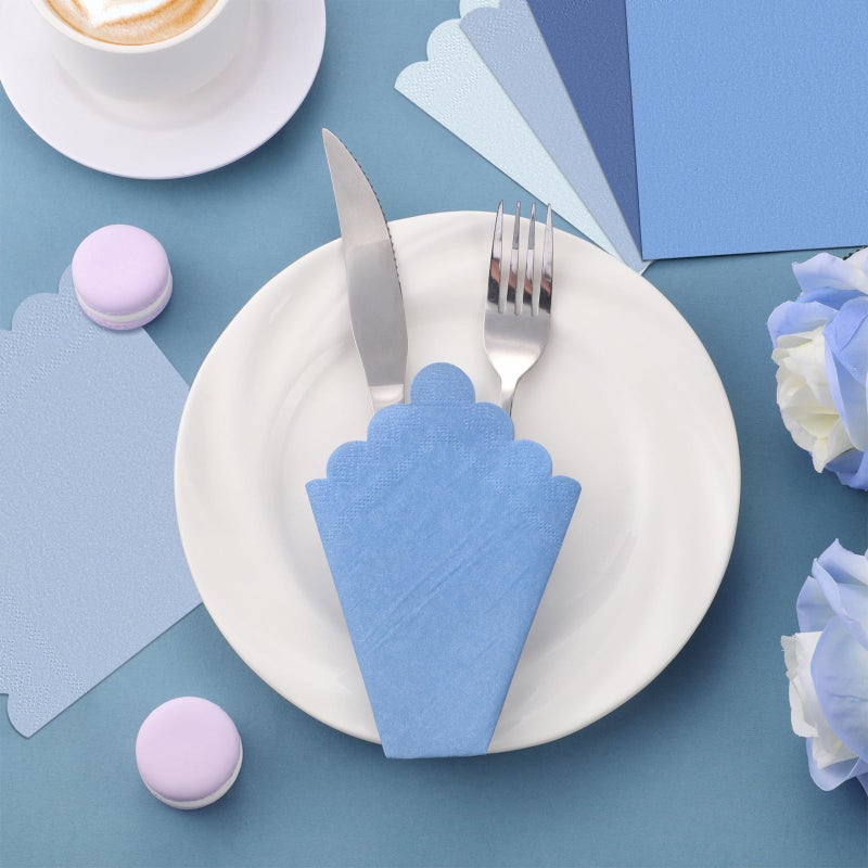 Xiangqu 120 Pack Dusty Blue Napkins  5 x 5 Inch Boy Baby Shower Napkins Gradient Blue Cocktail Napkins Scalloped Napkins Beverage Napkins for Dinner Wedding Baby Shower Bridal Anniversary Reception - Image 5